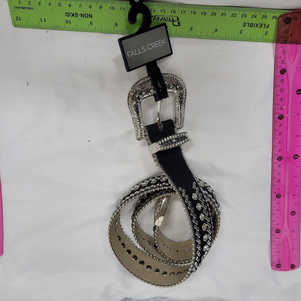 Falls Creek Black Western Rhinestone Studded Belt Silver Buckle Size S 24699155